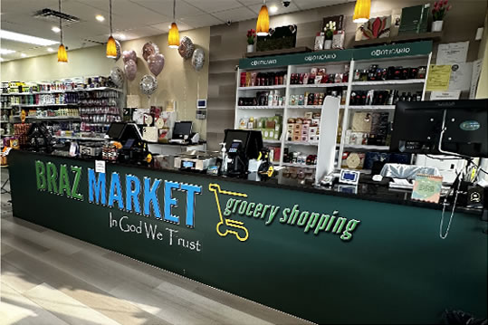 Brazmarket checkout counter and grocery shelves in Fort Myers