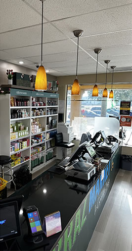 Checkout counter and store shelves inside Brazmarket